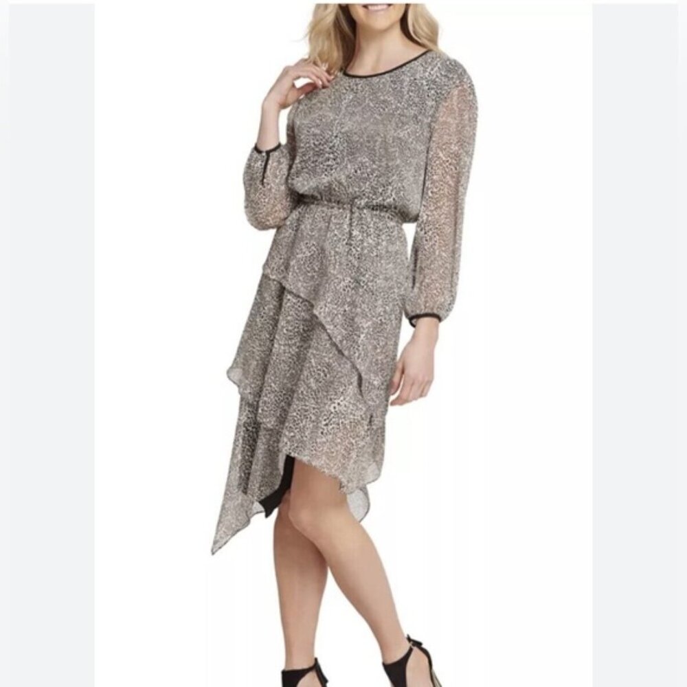 DKNY Long Sleeve Cream and Black Leopard Print Dress SIZE LARGE